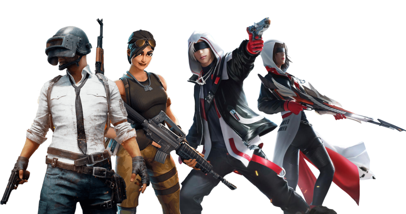 Image of various game characters including a character from PUBG, a female character with a gun, and two characters in hooded outfits with weapons