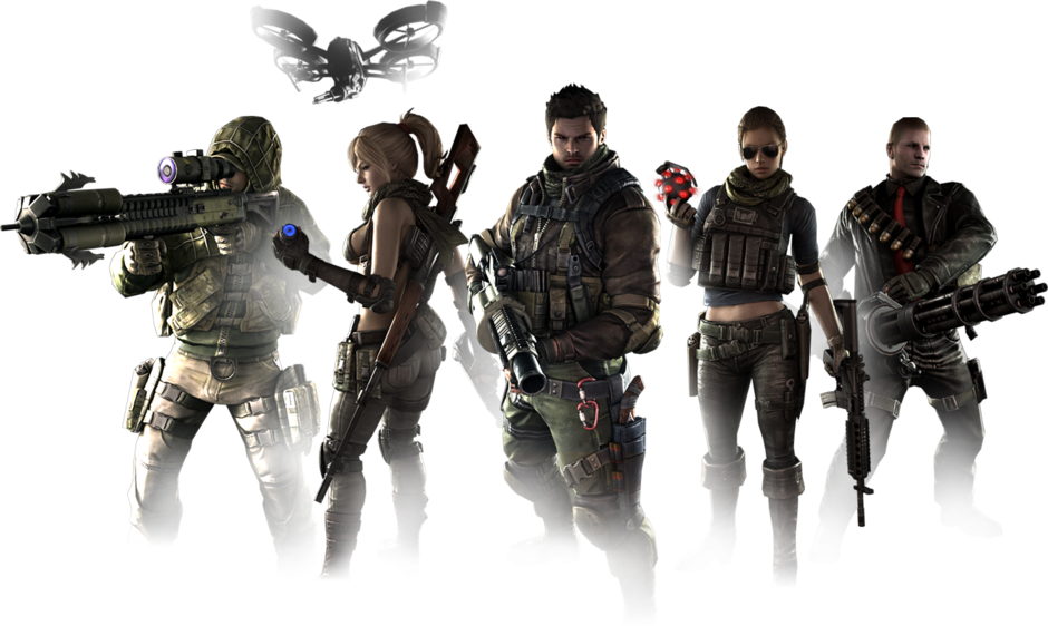 Image of various game characters including a character from PUBG, a female character with a gun, and two characters in hooded outfits with weapons